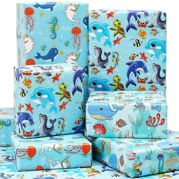 RICHTOP Sea Blue Ocean Gift Wrap Paper, 6 Large Sheets, Eco-Friendly, 27x39.4 inch