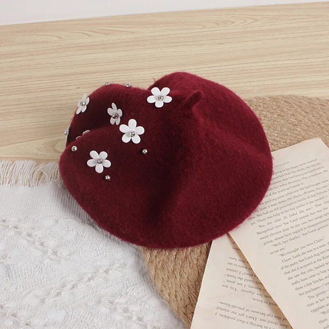 Boina de lana con cinta de flores para niñas, gorros cálidos de invierno, a la moda, para la escuela