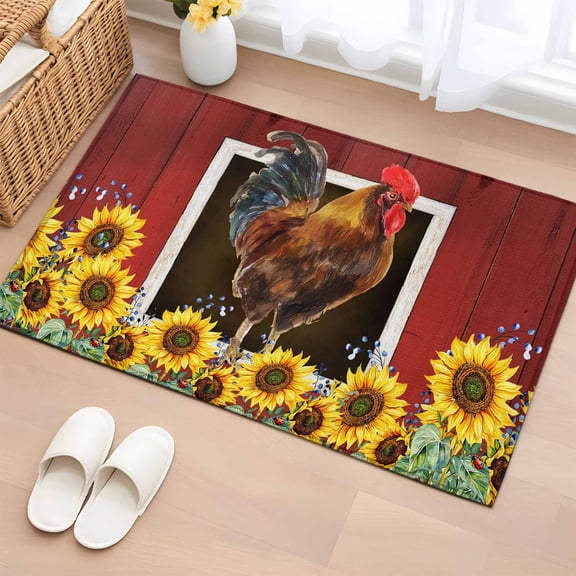 Chicken Sunflowers Entryway Rug 2'x3'  Non Slip Front Door Mats, Country Farm Animal Red Wooden Grain Entrance Rugs Indoor Outdoor Carpet, Washable Floor Mats Small Area Rug for Bedroom Kitchen