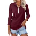 thumbnail image 2 of nochalofo Red V-Neck Casual Womens Tops, 3/4 Sleeve Tops Quarter Zip Collared Shirts Shirts Summer Tees, 2 of 4