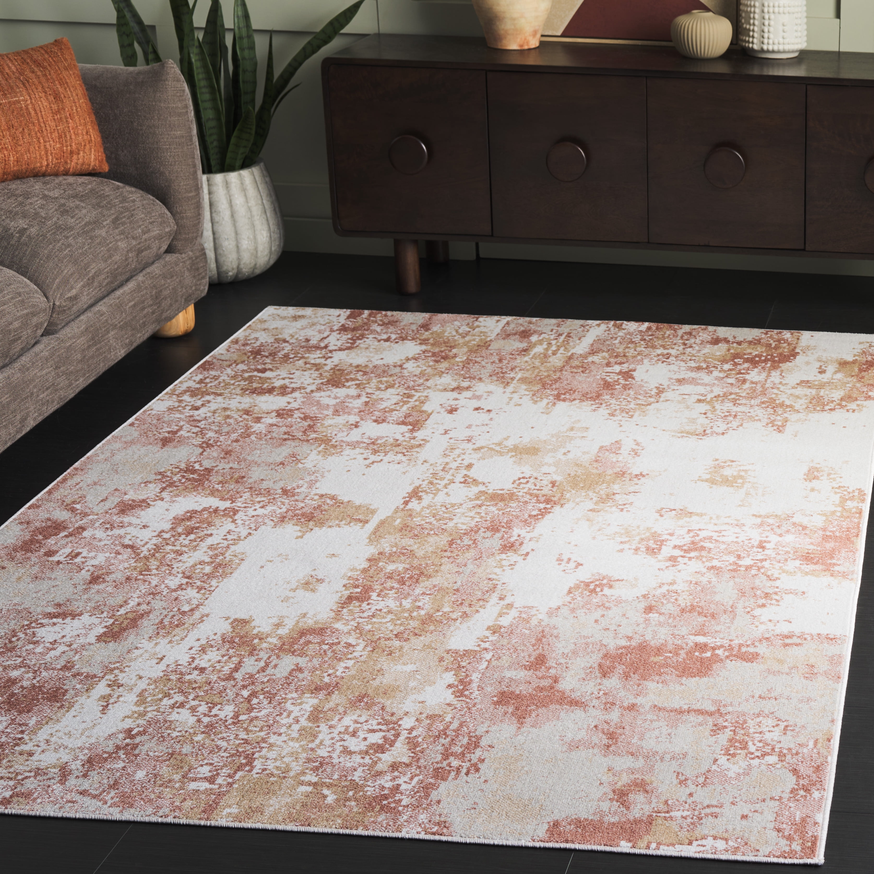 SAFAVIEH Bayside Everard Abstract Polyester Machine Washable Area Rug, Ivory/Orange Beige, 4' x 6'