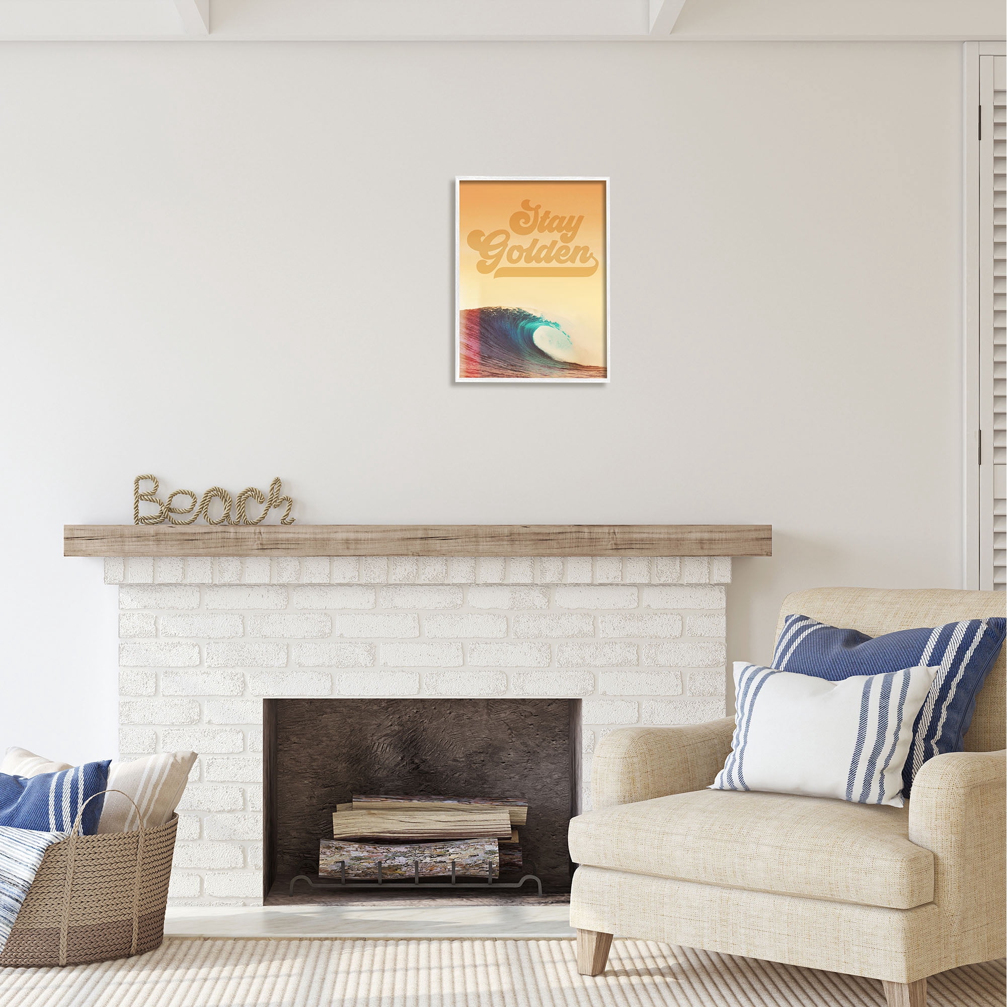 Stupell Industries Stay Golden Beach Waves Nature Painting White Framed Art Print Wall Art, 16 x 20
