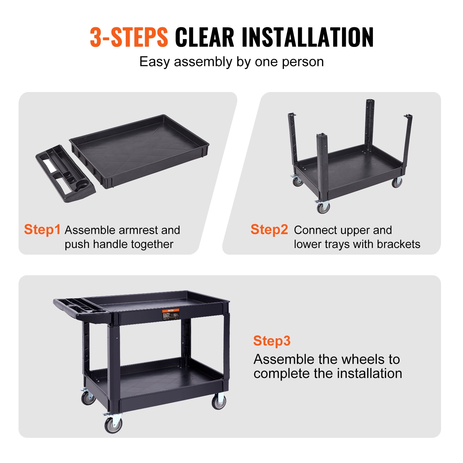 VEVOR Plastic Service Utility Cart, Support up to 550lbs Capacity, Heavy Duty Tub Storage Cart W/Deep Shelves, Multipurpose Rolling Extra Large 2-Tier Mobile Storage Organizer, for Warehouse Garage