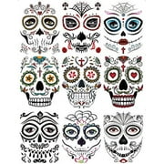 DaLin 9 Sheets Floral Day of the Dead Sugar Skull Temporary Face Tattoos for Halloween