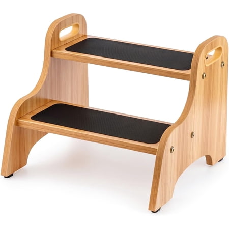 Wooden Toddler 2 Step Stool, 350 lb, Non-Slip, Natural | 13 in High, Wide Non-Slip Steps, Built-In Handles, Stable Support for Sink, Potty Training, Kitchen, Bathroom and Bedside