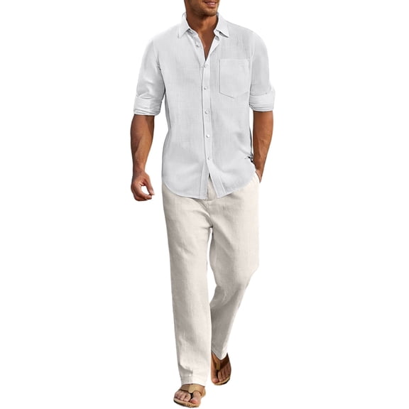 RUTAYY Men's Outfits Long Sleeve Solid Color Shirts and Pants with Button Pockets Casual Breathable Lightweight Resort Yoga Classic Vacation Clothing Sets