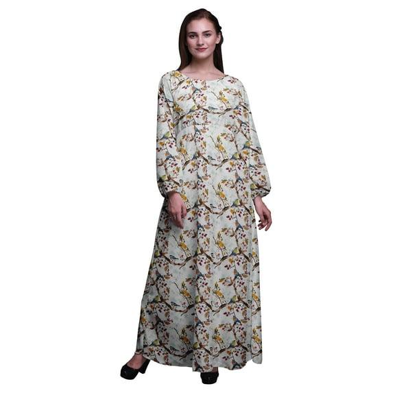 Bimba Polyester Georgette Tree & American Robin Watercolor Print Women’s Long Elastic Waist Casual Summer Maxi Dress-Large