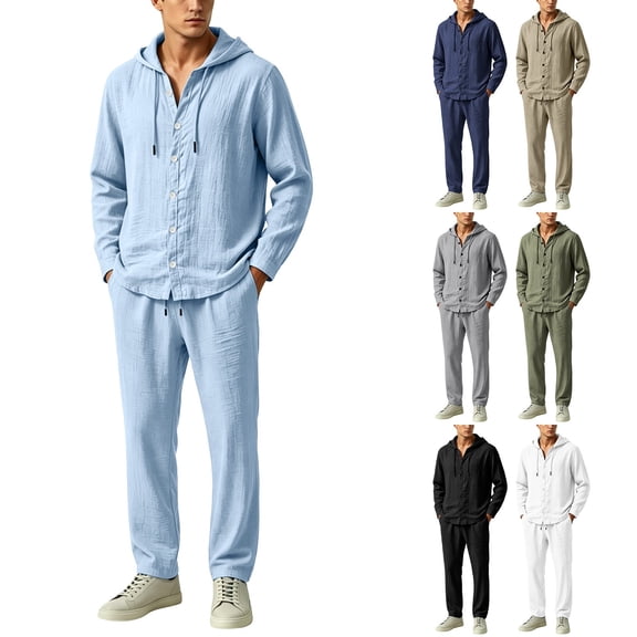 Purcolt Mens Cotton Linen 2 Piece Tracksuit Set Comfort Casual Long Sleeve Button Down Hooded Jacket Elastic Waist Straight Leg Pants Lounge Outfit Dailywear
