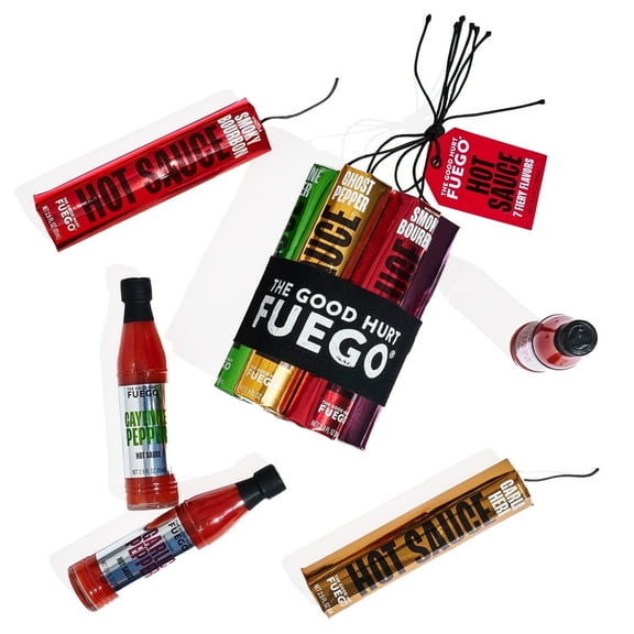 Thoughtfully The Good Hurt Fuego Hot Sauce Variety Pack, Includes 7 Bottles in Exotic Flavors Like Habanero, Ghost Pepper, Smoky Bourbon