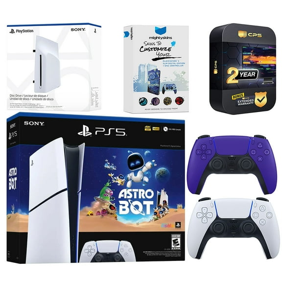 Sony PlayStation 5 Astro Bot Slim Digital Bundle with Disc Drive, Extra Controller, MightySkins Voucher and 2 Year Extended Warranty - Galactic Purple