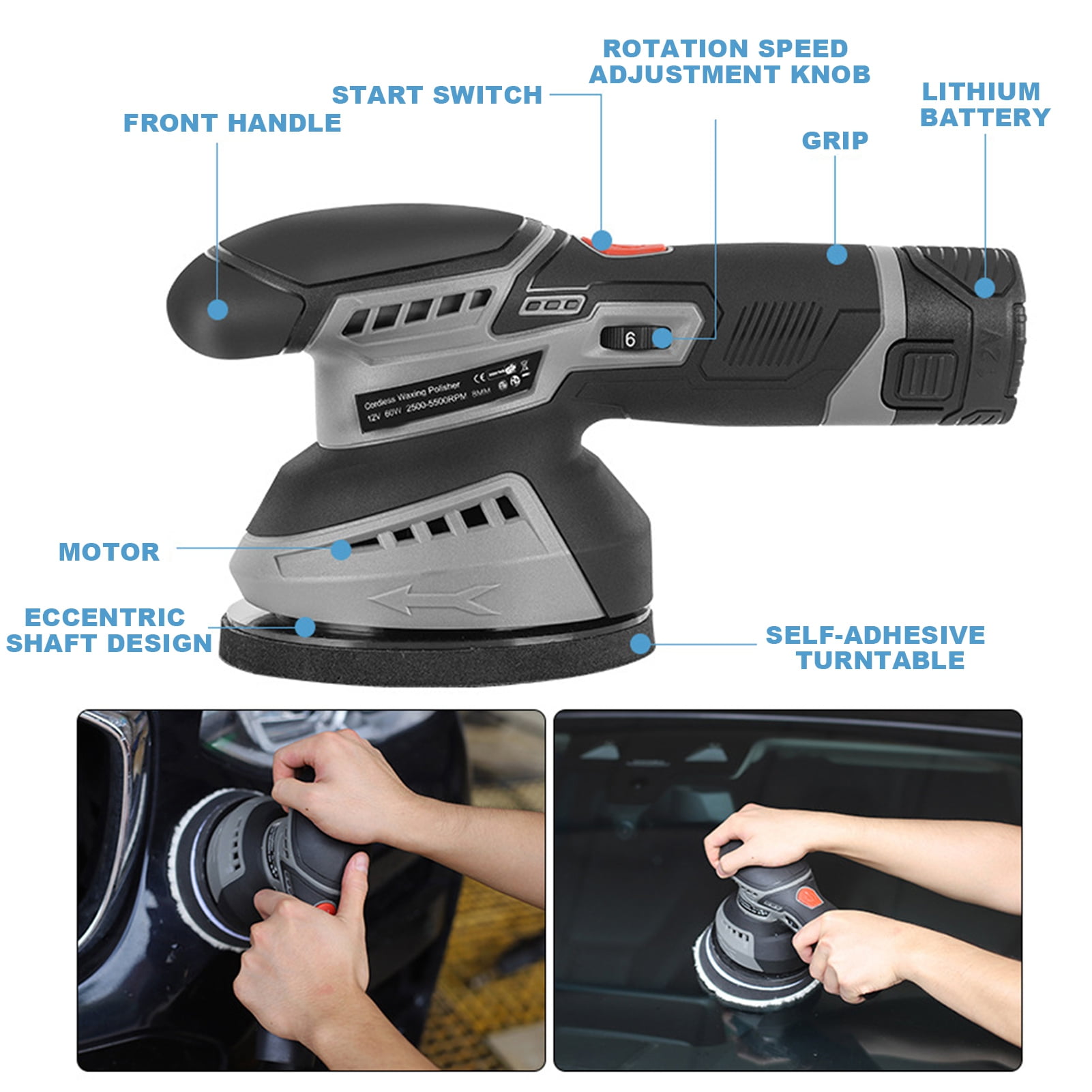 Balieda Car Buffer Polisher Kit, Polishing Wax Machine for Car Detailing, 2PCS Batteries 1 Charger, 6 Variable Speed 5250Rpm Cordless Polisher for Car Boat Polishing, Grinding and Waxing