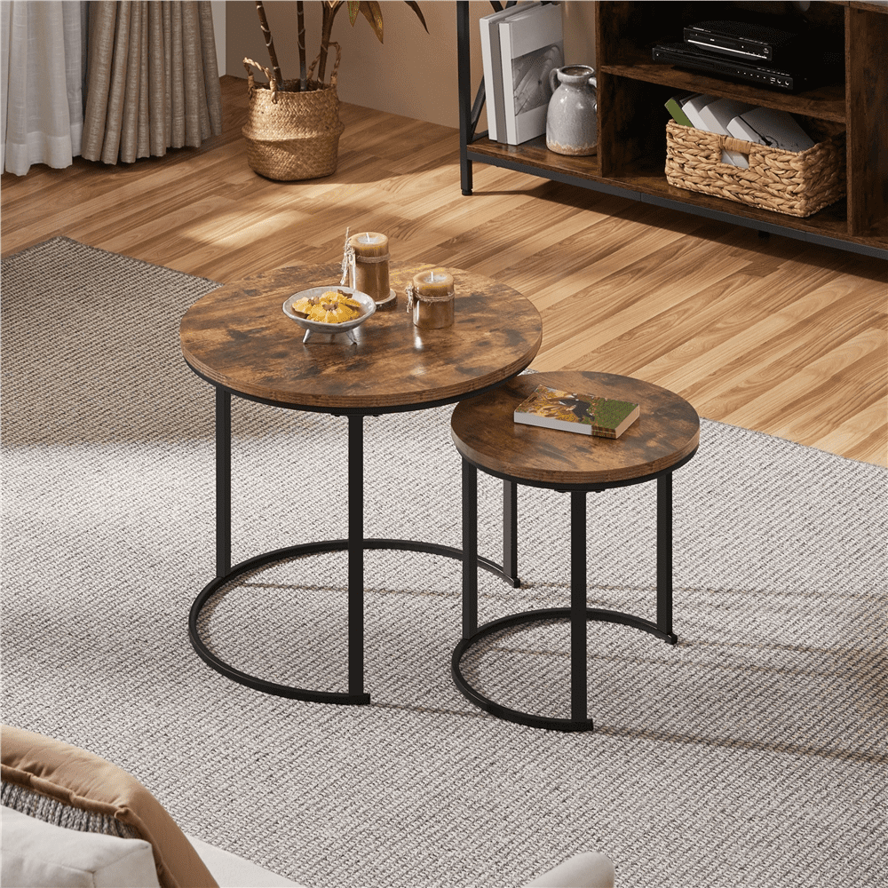 Alden Design Nesting Coffee Table Set with Round Wooden Tabletop for Living Room, Rustic Brown