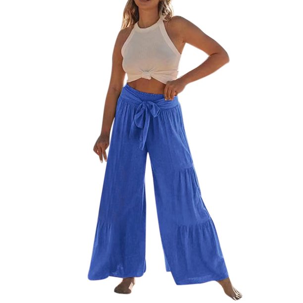 TAIAOJING Women Wide Leg Pants Summer High Waisted Cotton Linen Flare ...