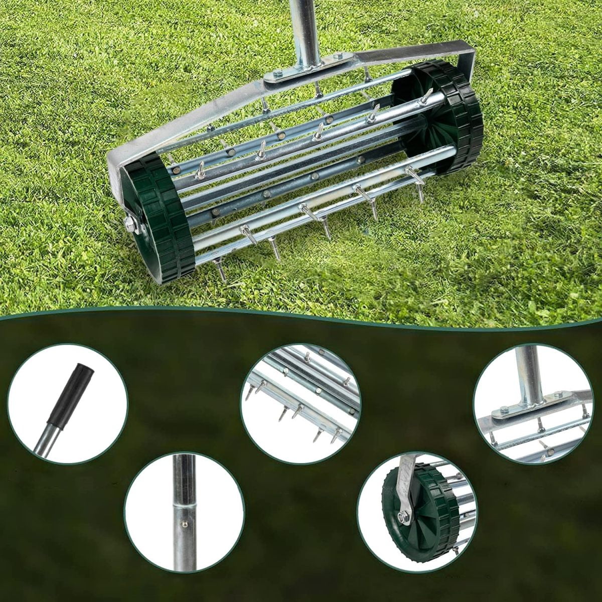 Push Spike Lawn Aerator with 1.4-Inch Rolling Spikes, 57-Inch Galvanized Steel Lawn Aerator for Compacted Soil, Effective Lawn Care Tool for Yard Garden Patio