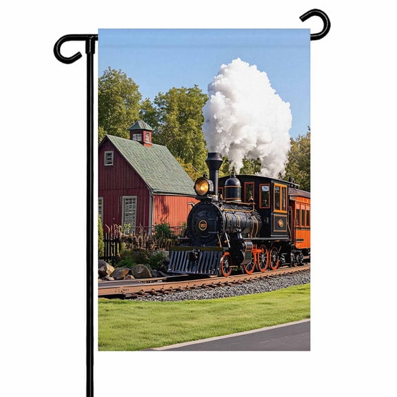 Garden Flag Double-Side Printed House Flag Train Log House Yard Flag Forest Sky Welcome Banner Decor Outdoor Holiday Decorations 28*40in