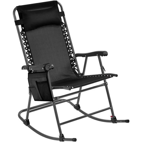 Zero Gravity Rocking Chair,Foldable Outdoor Lounge Chair,Ergonomic Reclining Lawn Chair with Cupholder and Pillow,Portable Camping Rocking Lounger for Patio,Garden,Backyard,Sunbathing,Napping,Black