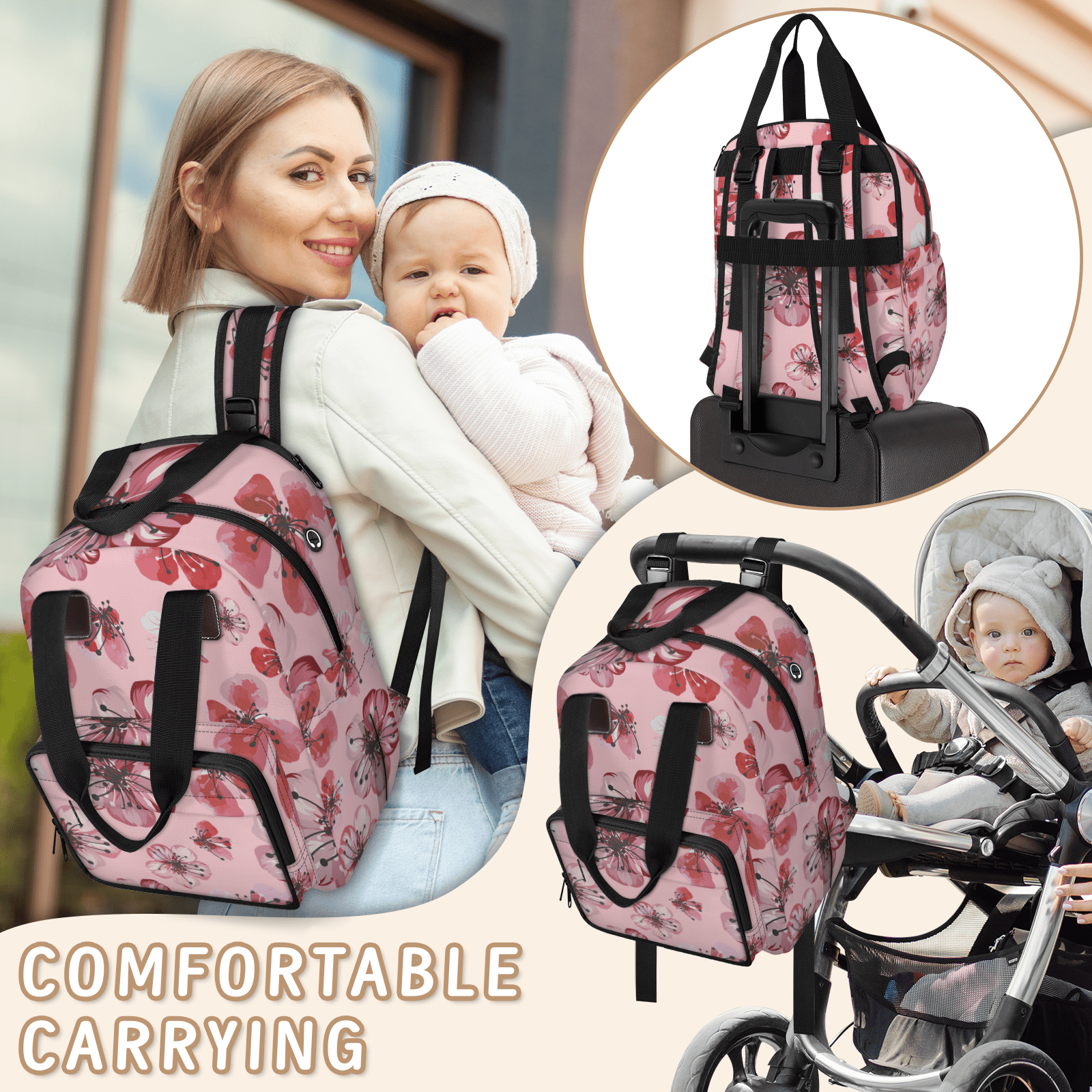 Baby Bags Backpack with USB Port,Floral Print Diaper Bag Backpack,Large Capacity Multifunction Travel Pack for Mom & Dad