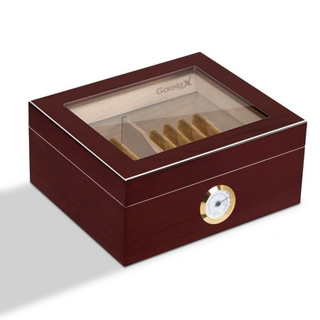 Gymax 25-50 Cigar Humidor Storage Box Desktop Glasstop Humidifier w/ Hygrometer (Best Home Cigar Humidor)