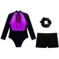 thumbnail image 4 of YONGHS Kids Girls Gymnastics Mesh Patchwork Long Sleeve Leotard with Shorts Hairband Dance Unitards Purple&Black 12, 4 of 7