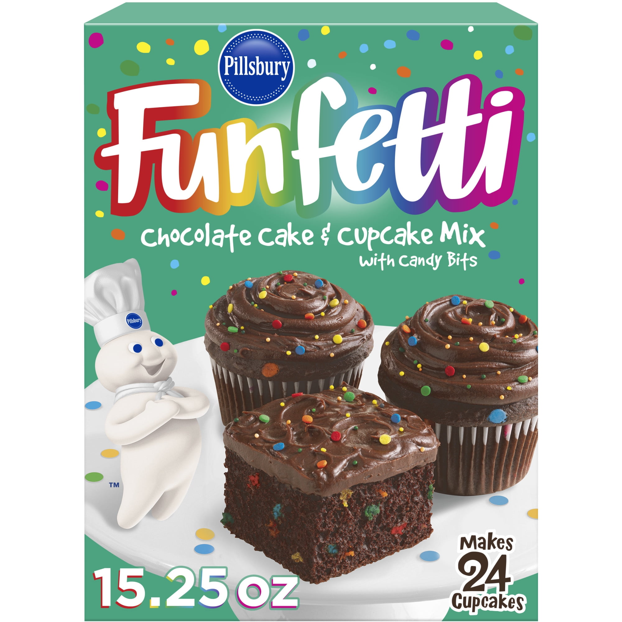 (4 pack) Pillsbury Funfetti Chocolate Cake Mix with Candy Bits, 15.25 oz Box