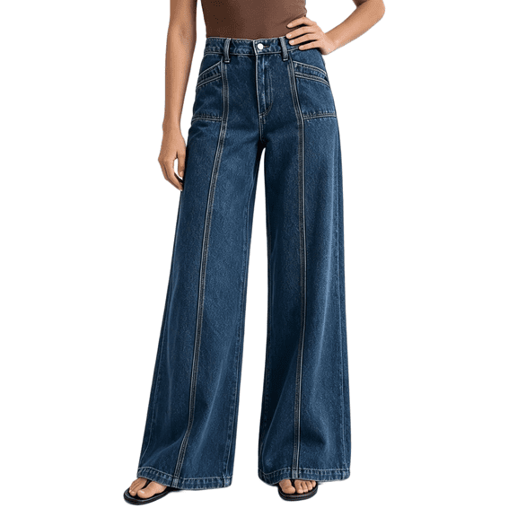 Women's High Waisted Wide Leg Denim Jeans, Dark Blue Wash, with Paneled Design, Contrast Stitching and Front Patch Pockets, Loose Long Pants