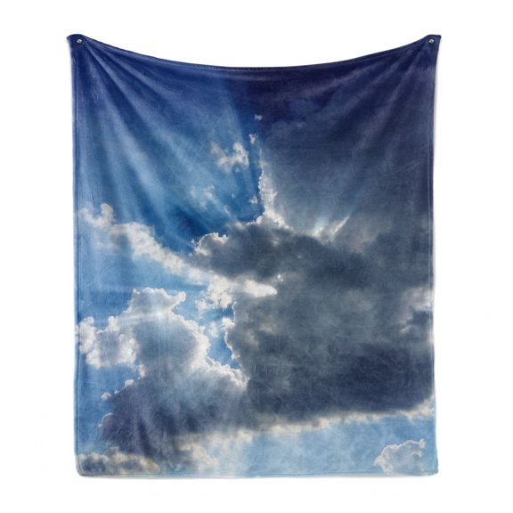 Landscape Soft Flannel Fleece Throw Blanket, Sunshine Sun Rays Breaking Through Huge Dark Clouds View Landscape Picture, Cozy Plush for Indoor and Outdoor Use, 50" x 70", Grey Blue, by Ambesonne