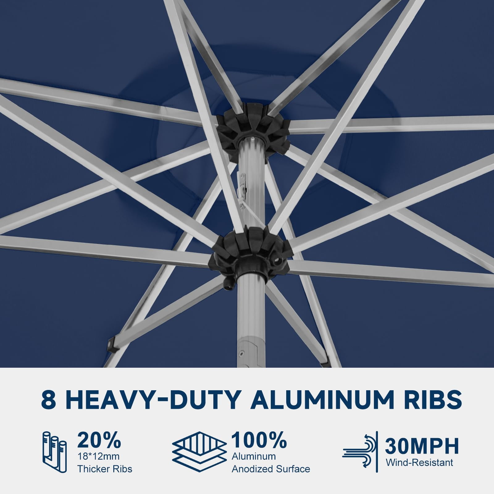 UPHYB 9FT 40 Solar Lighted Patio Umbrella, Fade-Resistant Outdoor Market Table Umbrella with Push Button Tilt Function, 8 Sturdy All-Aluminum Ribs for Gardens, Decks, Backyards & Pools (Navy Blue)