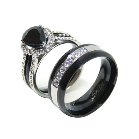 Black Women Wedding Ring His Hers Couples Ring Set Womens Black Pear CZ Promise Ring Mens 7 CZs Wedding Band- Size W5M9 ()