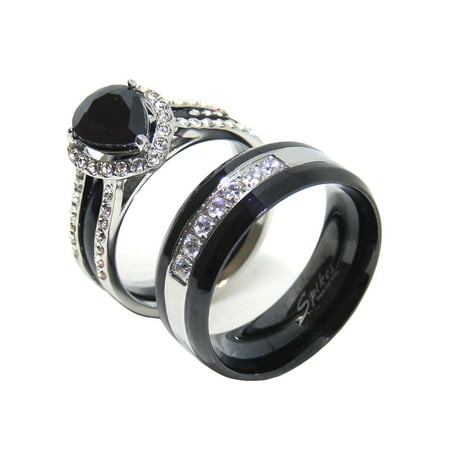 His Hers Couples Ring Set Womens Black Pear CZ Promise Ring Mens 7 CZs Wedding Band- Size