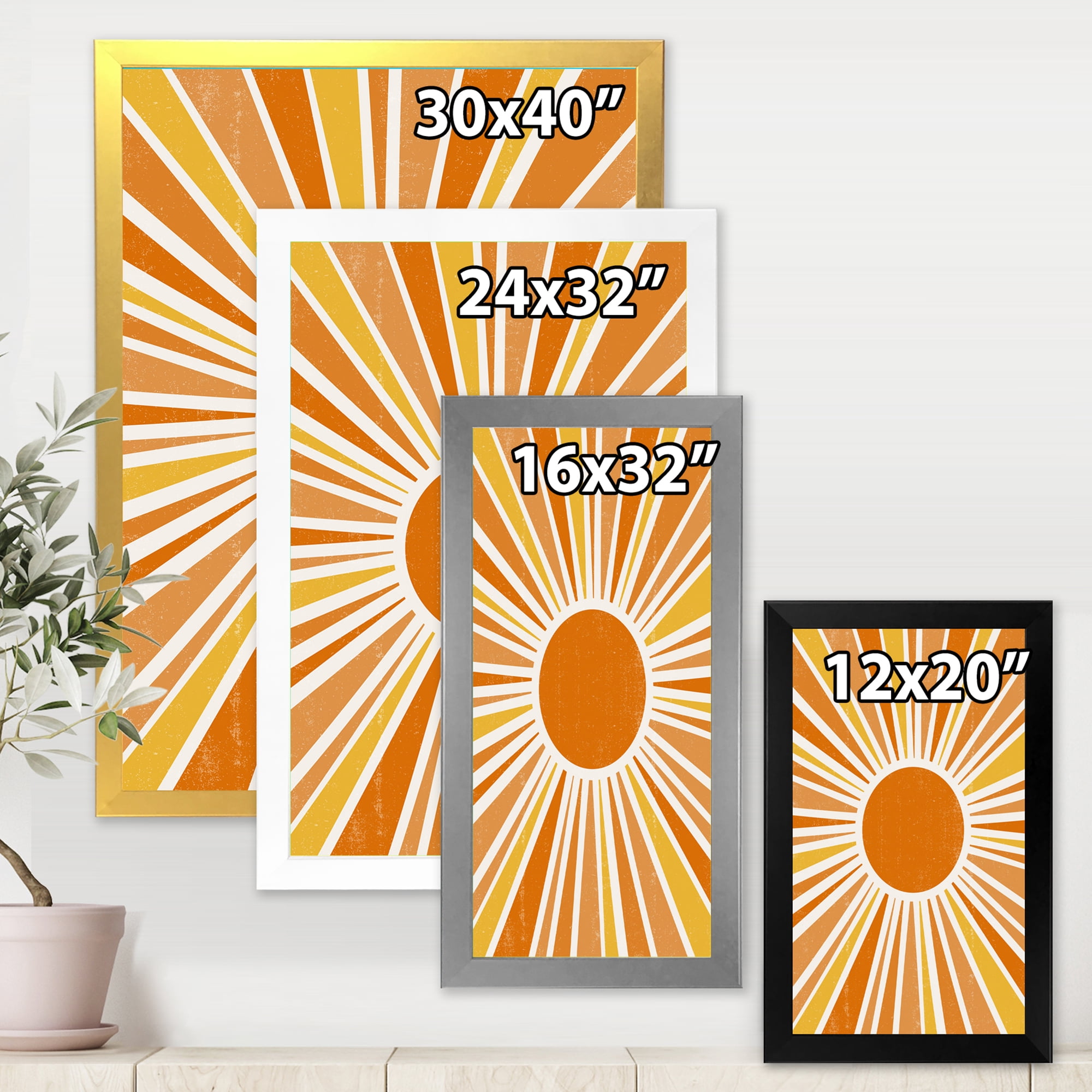 Designart 'Minimal Bright Shining Orange Sun Rays I' Modern Framed Art Print
