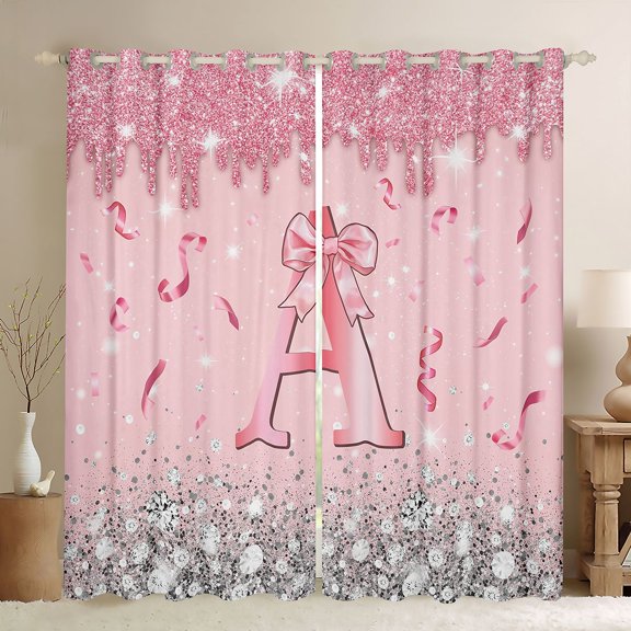 Erosebridal Dreamy Glitters Print Black Out Curtains for Girls, Pink Bling A Letter Curtains Pack of 2 (42x63 Each)