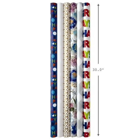 Hallmark All Occasion Wrapping Paper Bundle with Cut Lines on Reverse, Solids & Patterns—Birthday, Holiday, Wedding (Pack of 6, 180 sq. ft. ttl.)