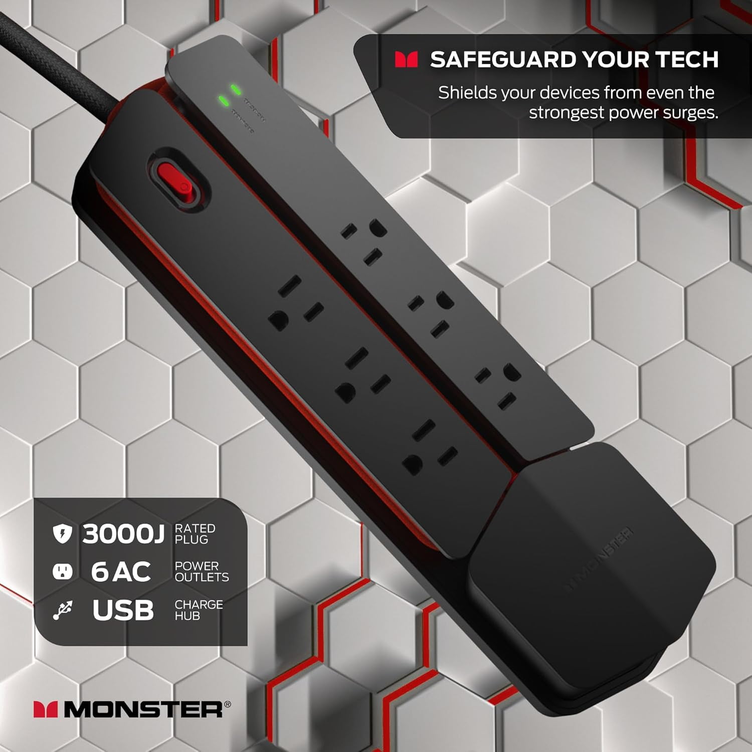 Monster Surge Protector Power Center Vertex, 6 AC Grounded Outlets, 2 USB-A & 1 USB-C Ports, Black