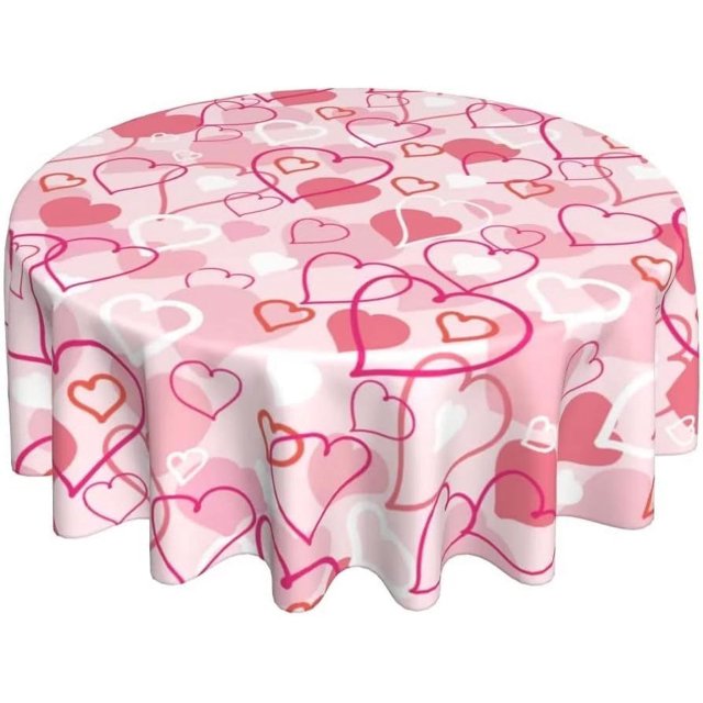 Valentines Day Tablecloth 60 Inch Round Pink Love Hearts Tablecloth Romantic Valentines Day Table Cloth Dust-Proof Wrinkle Resistant Rustic Tablecloth for Home Dining Room Party