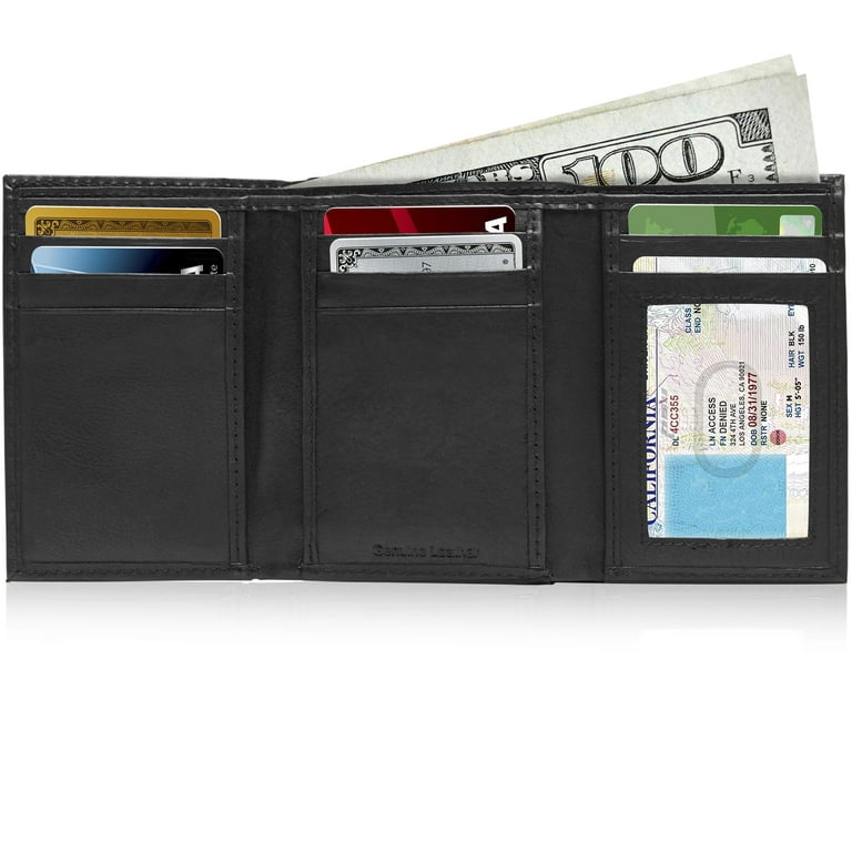 Access Denied Genuine Leather Wallets for Men - Trifold Mens Wallet with ID Window RFID Blocking,Smooth Black