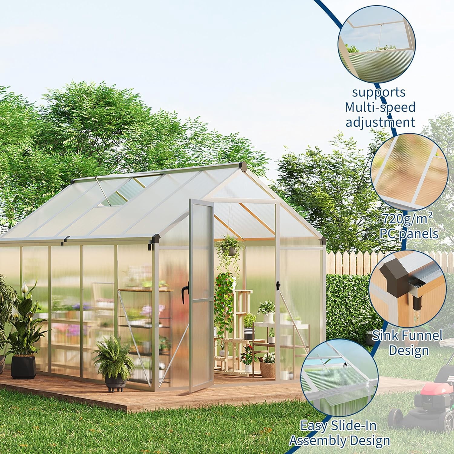 EastVita 6x10 FT Greenhouse for Outdoors Polycarbonate Greenhouse with Roof Vent Ground Nails Lockable Push Door Aluminum Large Walk-in Green House for Outside Garden Backyard Patio Lawn Silver
