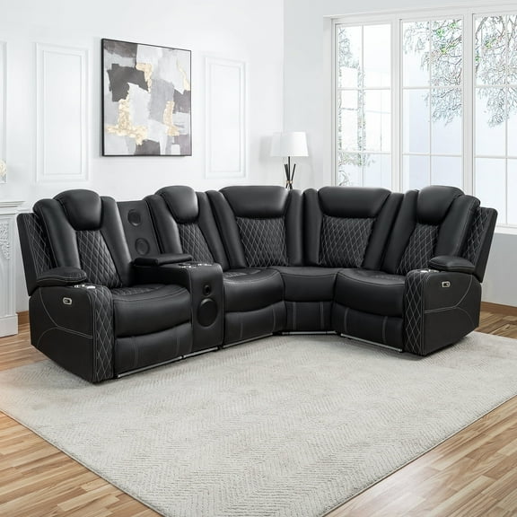 Naomi Home Chicago Corner Sofa Black Air Leather, Premium 5-Seater Reclining Sofa with Console, Cup Holders, USB Ports, Pillow Top Armrests & Split Back Design, -Color:Black