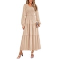 thumbnail image 1 of Vestido midi PRETTYGARDEN para mujer con cuello en V fruncido, línea A, color albaricoque, 1 of 9
