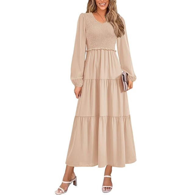 Vestido midi PRETTYGARDEN para mujer con cuello en V fruncido, línea A, color albaricoque