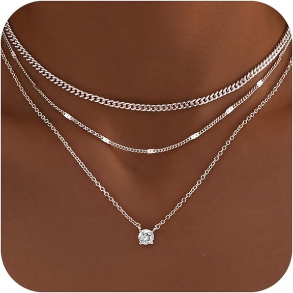 14K Gold & Silver Plated Layered Necklaces for Women, Dainty Pendant & Chunky Cuban Choker Set, Non Tarnish Trendy Birthstone Jewelry Gifts for Mom