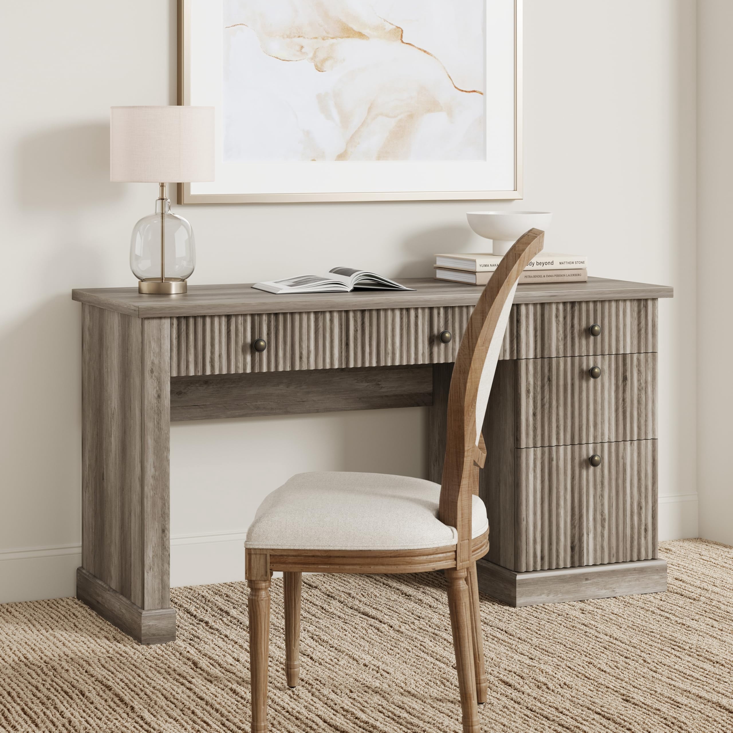 Garvee 54" Wood Executive Desk with Fluted Details & Charging Station – Home Office Computer Desk with File Drawers for Study, Living Room or Bedroom-Gray
