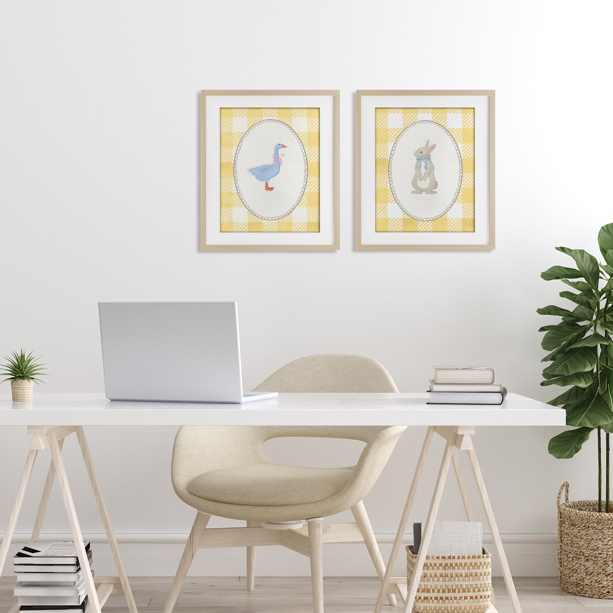 Stupell Industries Goose & Bunny Yellow Gingham 2 Piece Birch Framed Print Under Glass Set, design by The Paper Curator