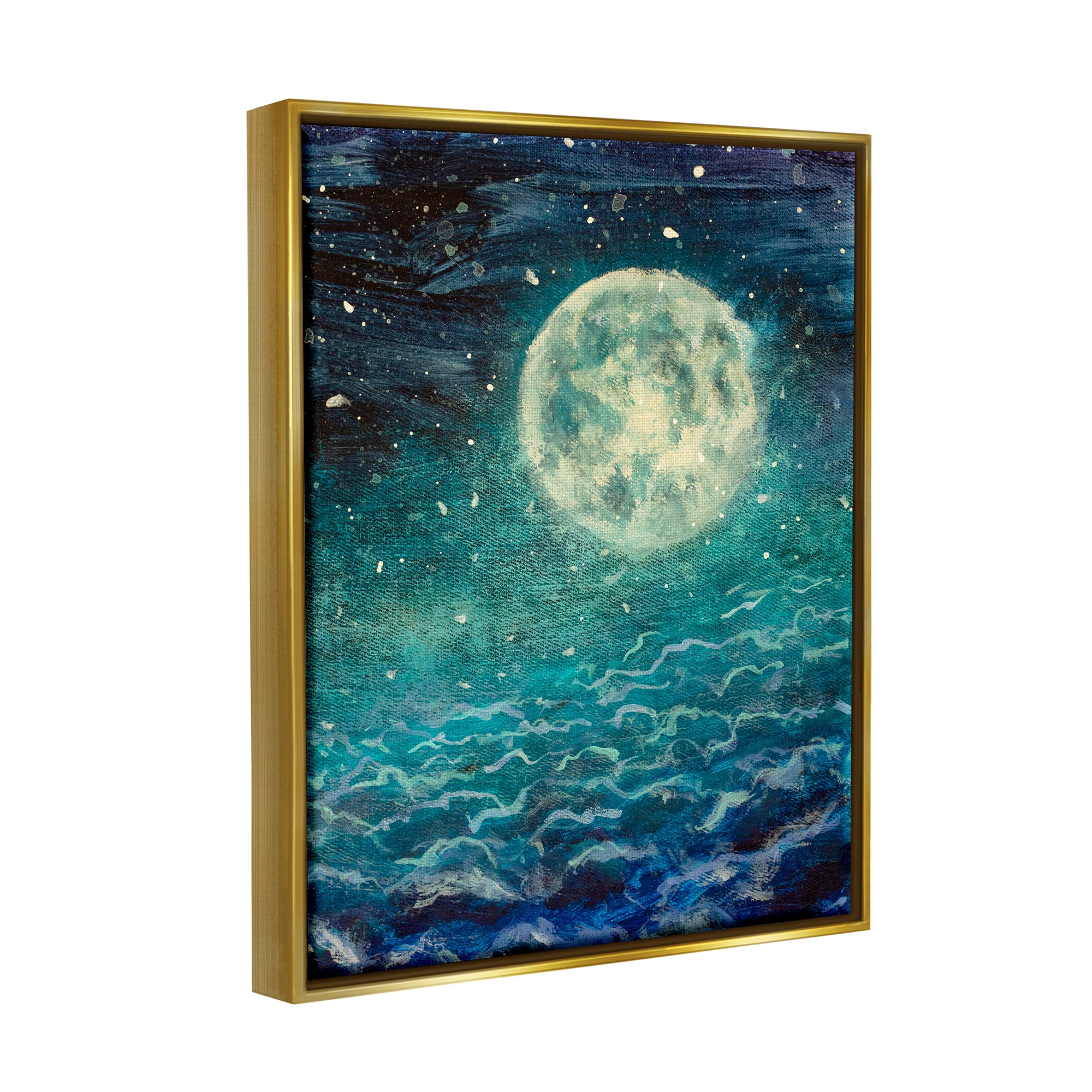 Stupell Industries Surreal Moon & Clouds Nature Painting Gold Floater Framed Art Print Wall Art, 17 x 21