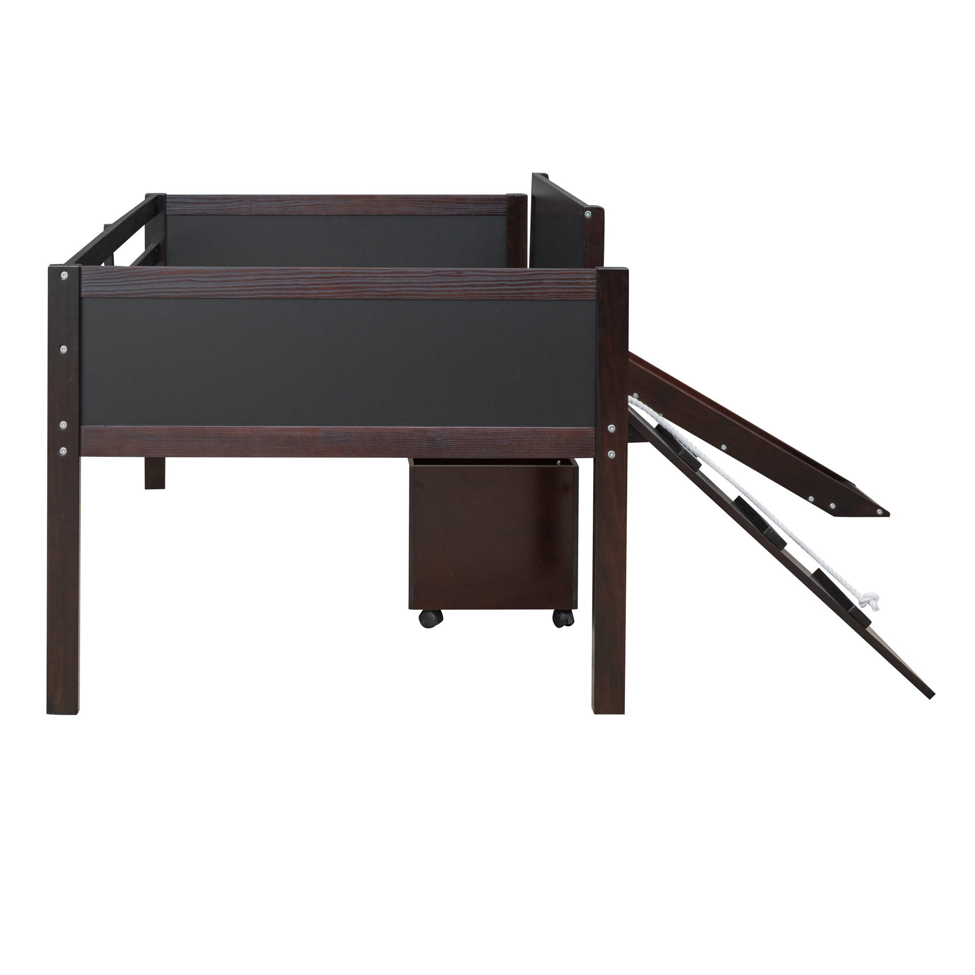 Euroco Wood Twin Size Loft Bed with Slide, Cabinets and Chalkboard,  Climbing and Rope Design for Kids, Espresso