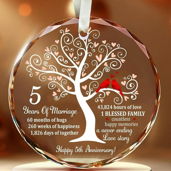 5th Wedding Anniversary Glass Ornament, Wood-Themed Keepsake Gift for Husband, Wife, or Couple
