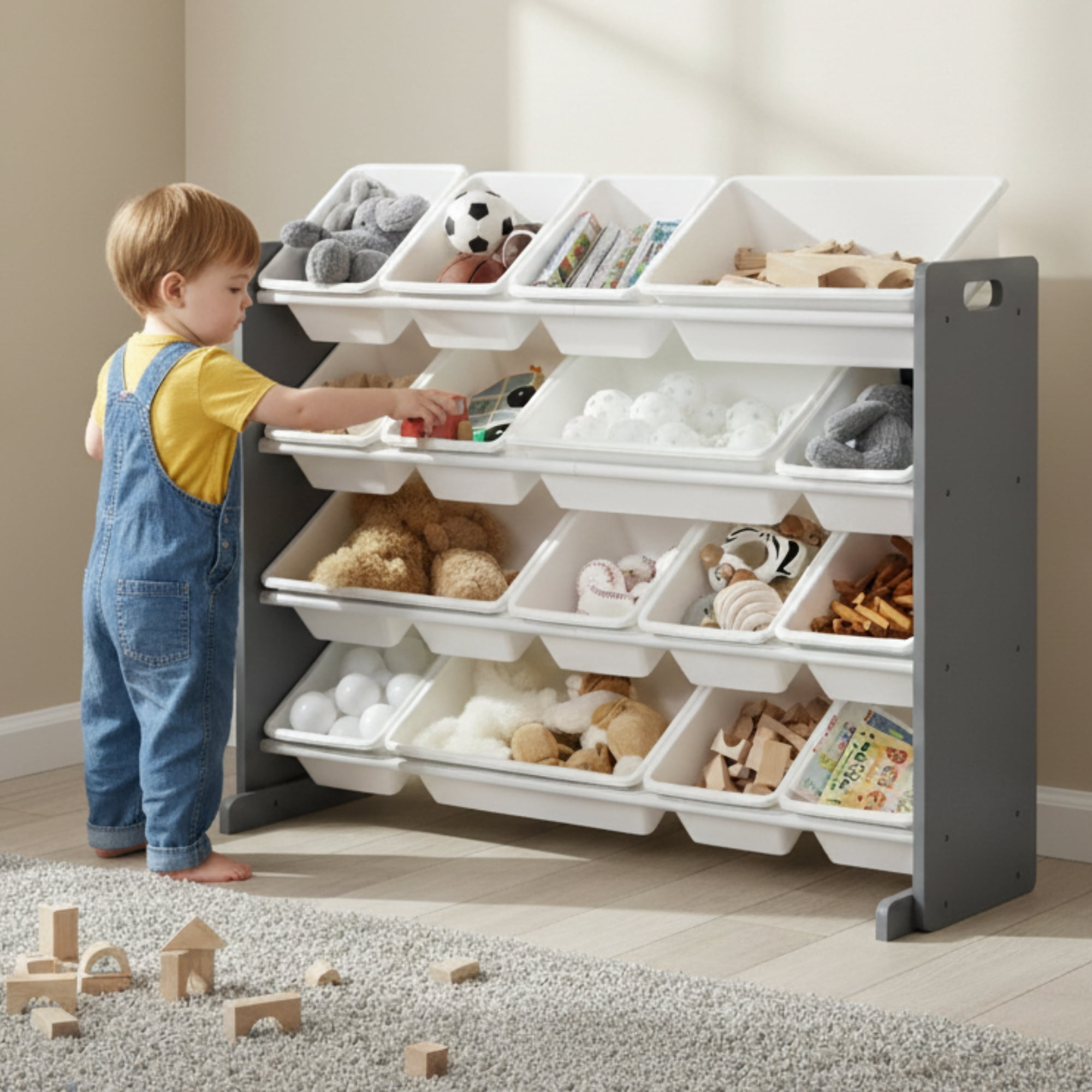 Humble Crew Storage Organizer with 16 Plastic Bins for Kids & Toddlers, Dark Grey/White