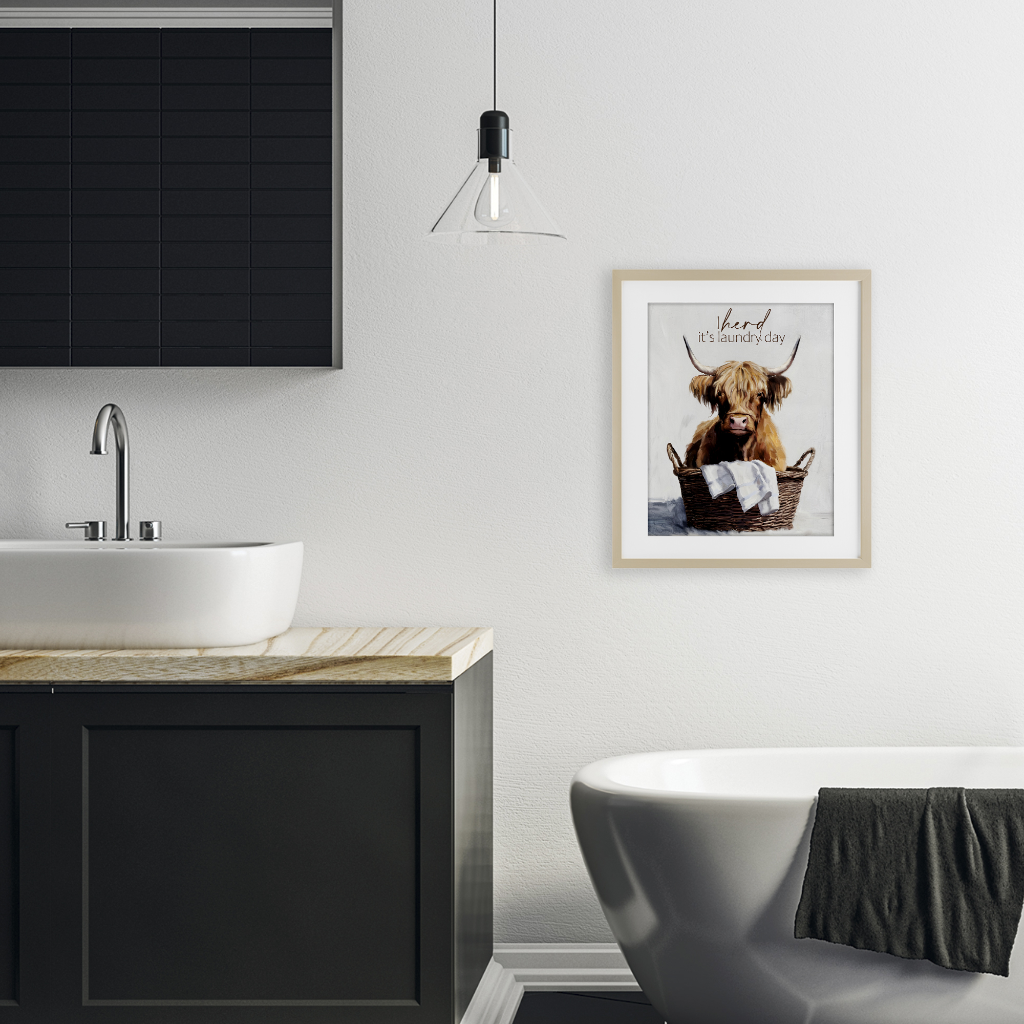 Herd It's Laundry Day Birch Framed Print Under Glass, design by Kim Allen