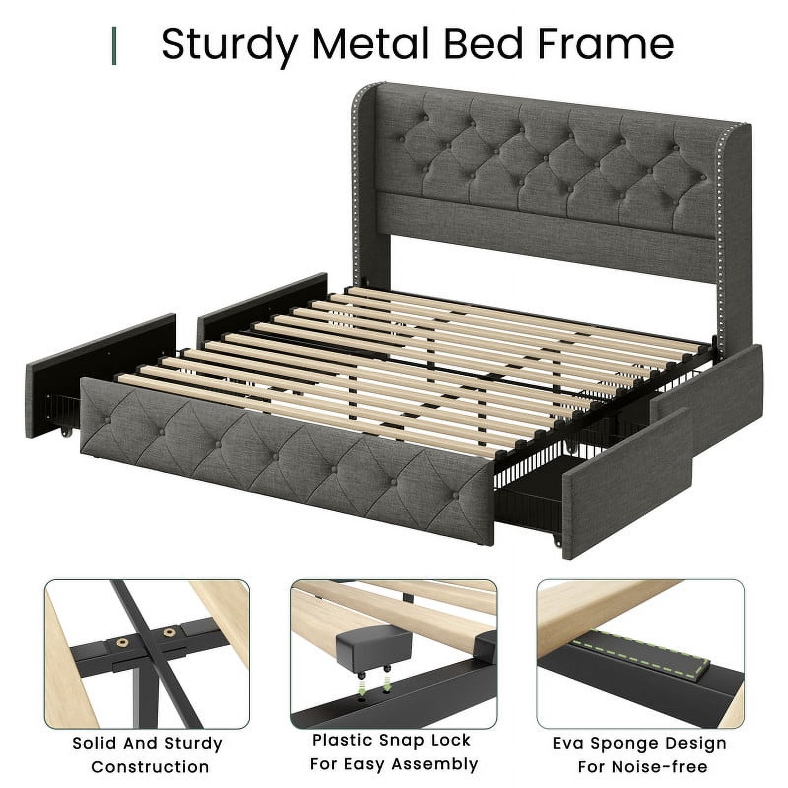 Breltam Queen Size Bed Frame with 4 Storage Drawers, Wingback Tufted Headboard, LED Lights, Light Grey Velvet Upholstered Platform Bed, No Box Spring Needed