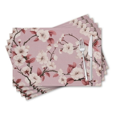 

BaHomeck placemats Set of 4 rectangle Linen Cotton Placemats for Dining Table Washable Heat Resistant 18*12inch Beautiful Vintage Cherry Blossom Pattern On Pink Background