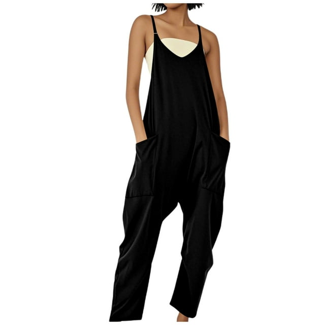 Women's Loose Overalls with Large Pockets - Strap Design, Casual Summer Jumpsuit, Polyester-Spandex